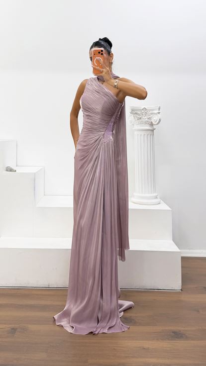 Lila Dior Organze Drapeli Zarif Abiye Elbise
