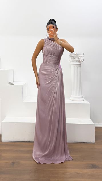 Lila Dior Organze Drapeli Zarif Abiye Elbise