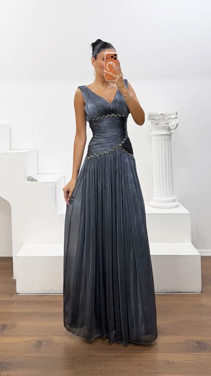 Gri V Yaka Dior Organze Abiye Elbise