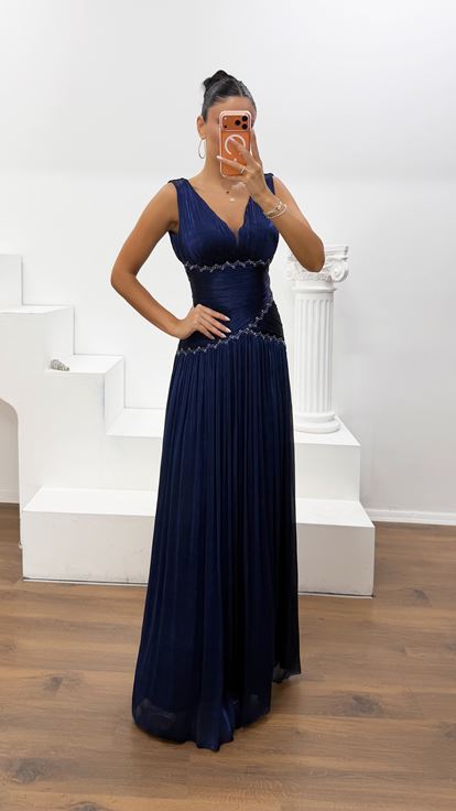 Lacivert Dior Organze V Yaka Abiye Elbise