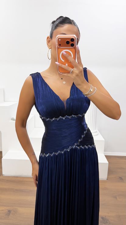 Lacivert Dior Organze V Yaka Abiye Elbise