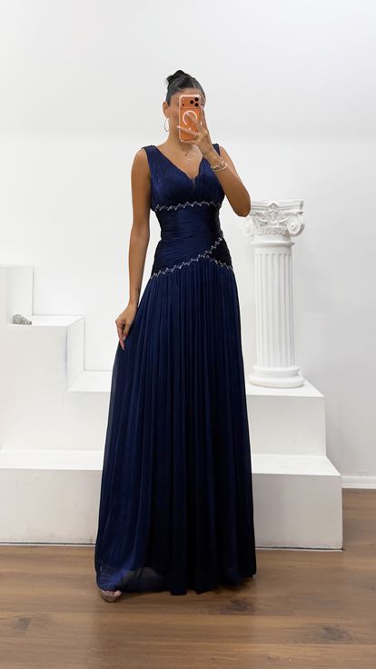 Lacivert Dior Organze V Yaka Abiye Elbise