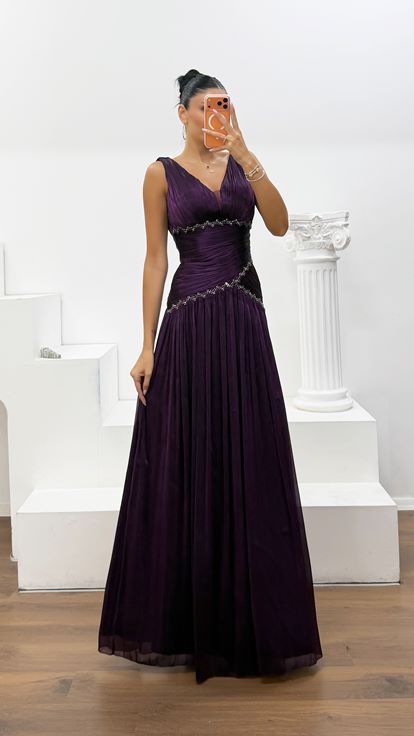 Mürdüm Dior Organze V Yaka Abiye Elbise