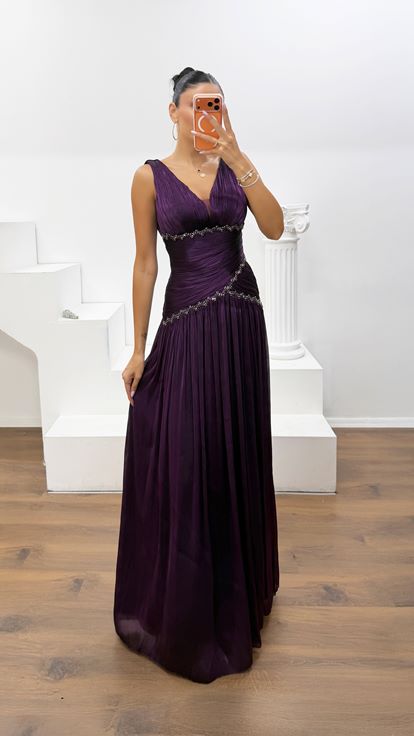Mürdüm Dior Organze V Yaka Abiye Elbise