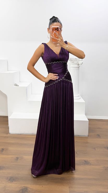 Mürdüm Dior Organze V Yaka Abiye Elbise