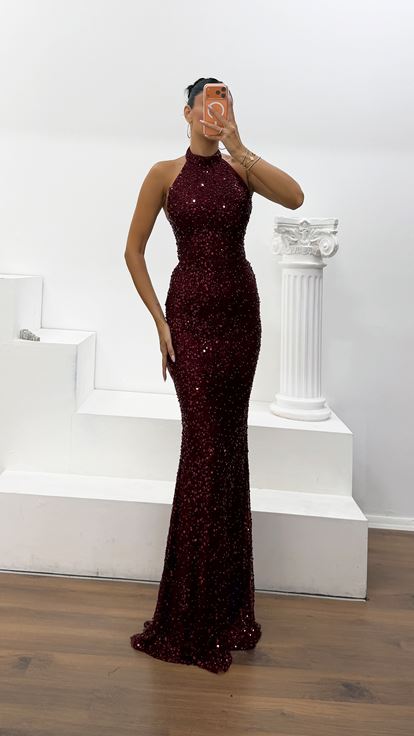 Bordo Payetli Halter Yaka Abiye Elbise