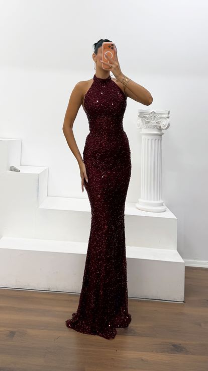 Bordo Payetli Halter Yaka Abiye Elbise