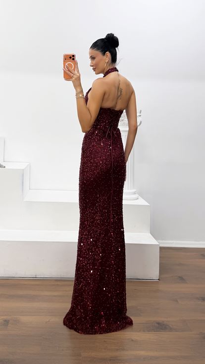 Bordo Payetli Halter Yaka Abiye Elbise