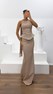 Gold Krep Kumaş Straplez Peplum Abiye Elbise