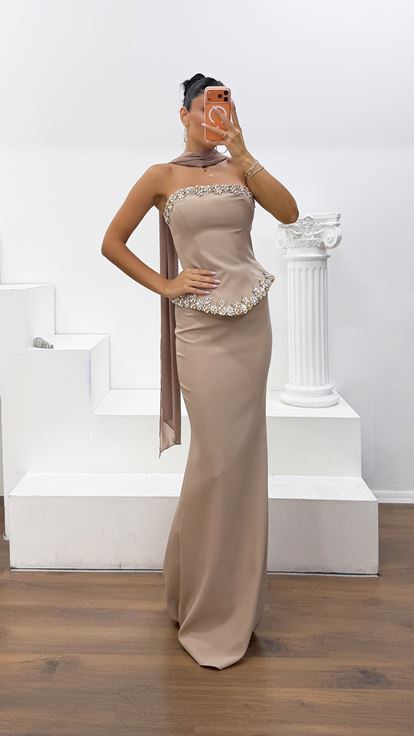 Gold Krep Kumaş Straplez Peplum Abiye Elbise