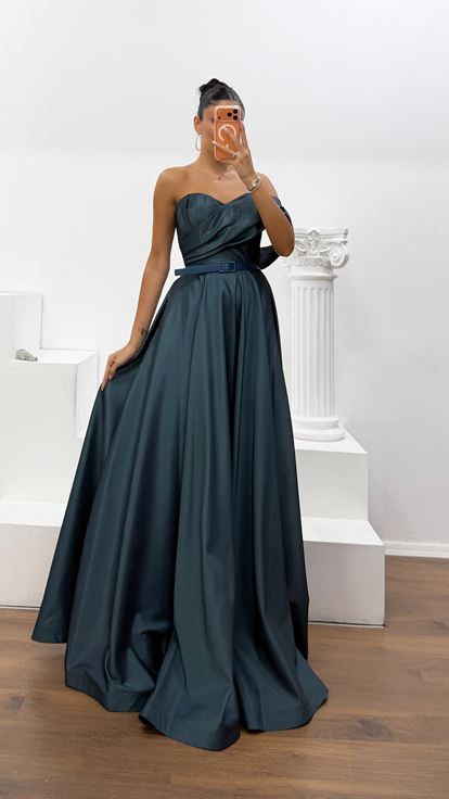 Vestido de Noche Largo de Tafetán Drapeado Petróleo