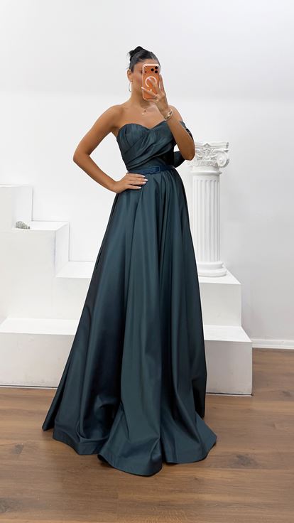 Vestido de Noche Largo de Tafetán Drapeado Petróleo