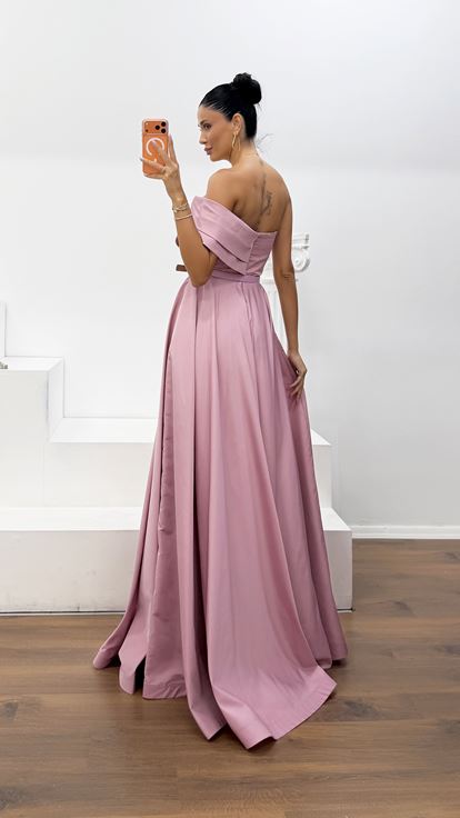 Vestido de Fiesta Largo de Tafetán Empolvado con Drapeado y Cinturón