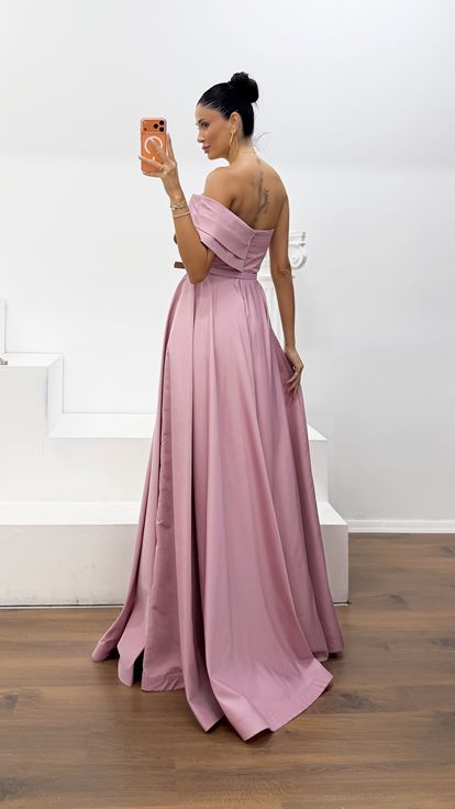 Vestido de Fiesta Largo de Tafetán Empolvado con Drapeado y Cinturón