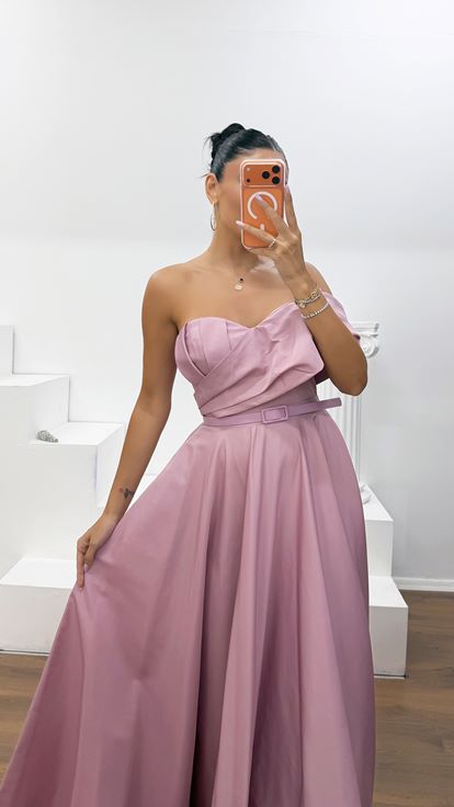 Vestido de Fiesta Largo de Tafetán Empolvado con Drapeado y Cinturón