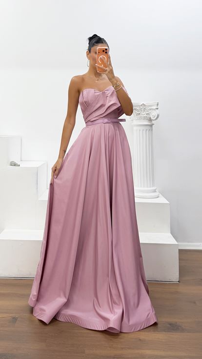 Vestido de Fiesta Largo de Tafetán Empolvado con Drapeado y Cinturón