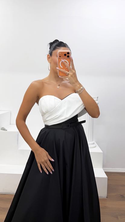 Vestido de Noche de Tafetán Negro Sin Tirantes Escote Corazón