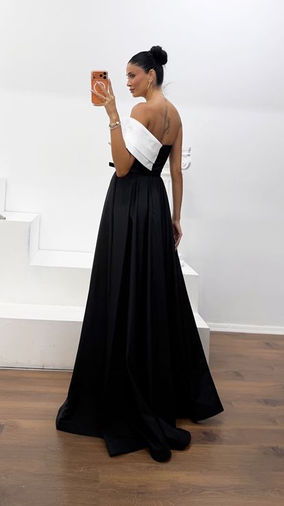 Vestido de Noche de Tafetán Negro Sin Tirantes Escote Corazón