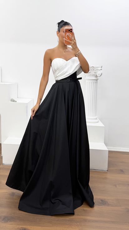 Vestido de Noche de Tafetán Negro Sin Tirantes Escote Corazón