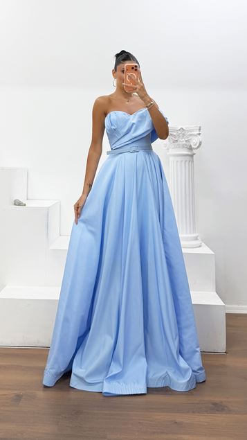Babyblau Taftstoff Trägerloses Langes Abendkleid