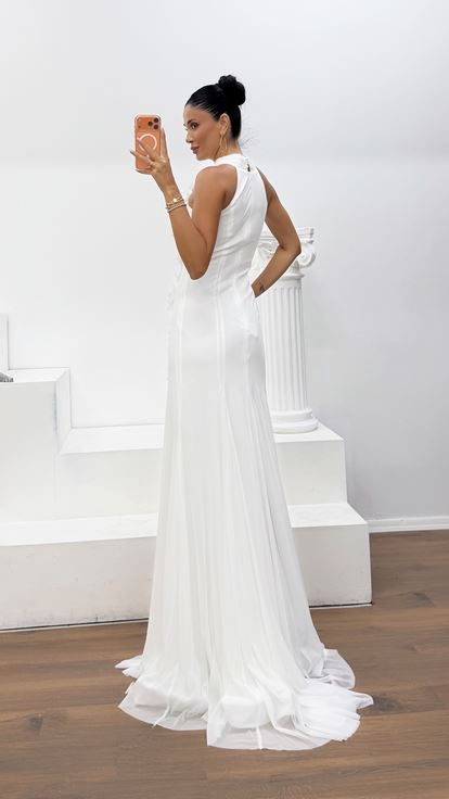 Kemik Krep Tül Boyun Bağlamalı Çiçek Detaylı Abiye Elbise