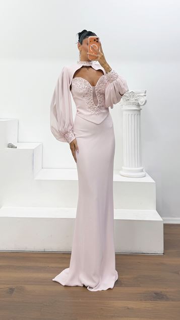 Powder Pink Crepe Satin Embellished Evening Gown with Bishop Sleeves