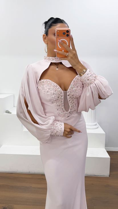Abito da Sera Lungo Rosa Cipria in Crêpe Satin con Maniche a Palloncino