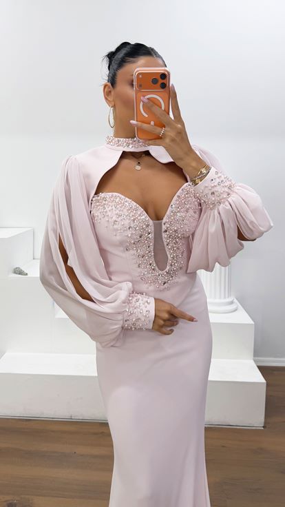 Abito da Sera Lungo Rosa Cipria in Crêpe Satin con Maniche a Palloncino