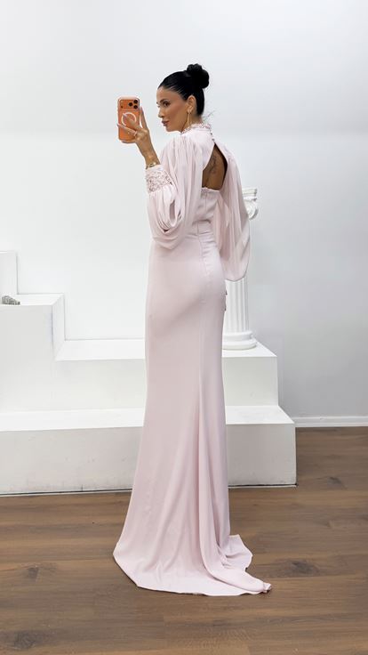 Abito da Sera Lungo Rosa Cipria in Crêpe Satin con Maniche a Palloncino