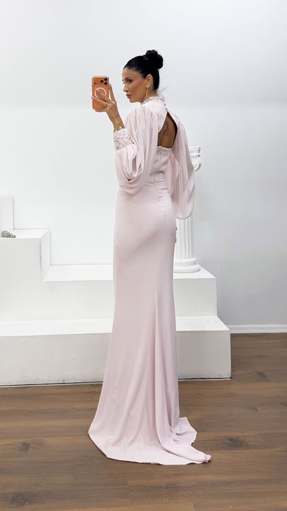 Abito da Sera Lungo Rosa Cipria in Crêpe Satin con Maniche a Palloncino