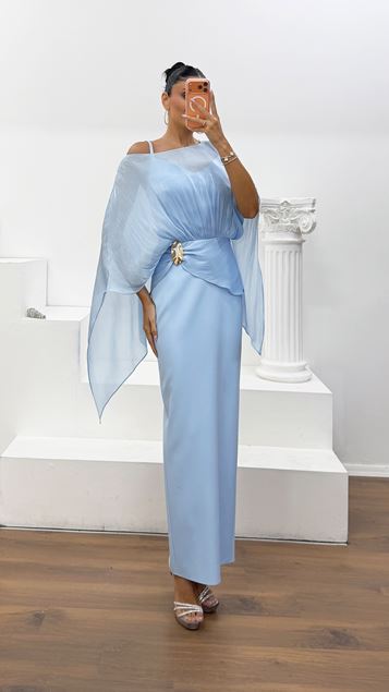Baby Blue Cape-Sleeve Crepe Satin Organza Evening Gown