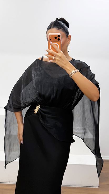 Abito da Sera Nero Crepe Raso Organza Dior con Maniche a Cappa