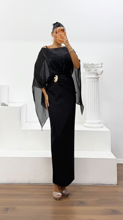 Abito da Sera Nero Crepe Raso Organza Dior con Maniche a Cappa
