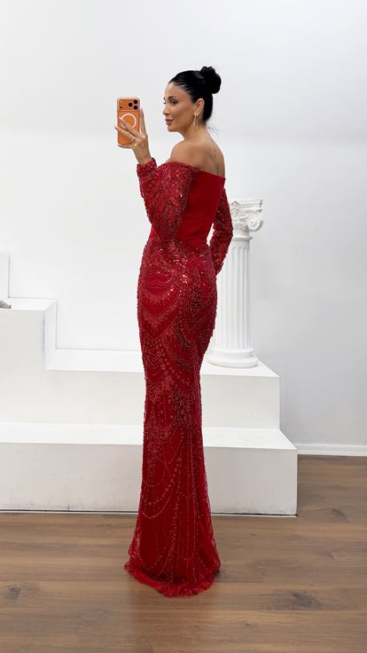 Abito da Sera in Crêpe Rosso con Dettagli in Paillettes
