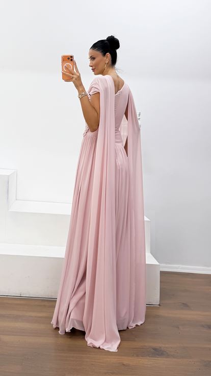 Abito da Sera in Chiffon Foderato Color Rosa Monospalla con Dettagli Intrecciati