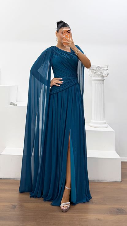Abito da Sera Petrolio con Fodera in Chiffon e Vita Intrecciata