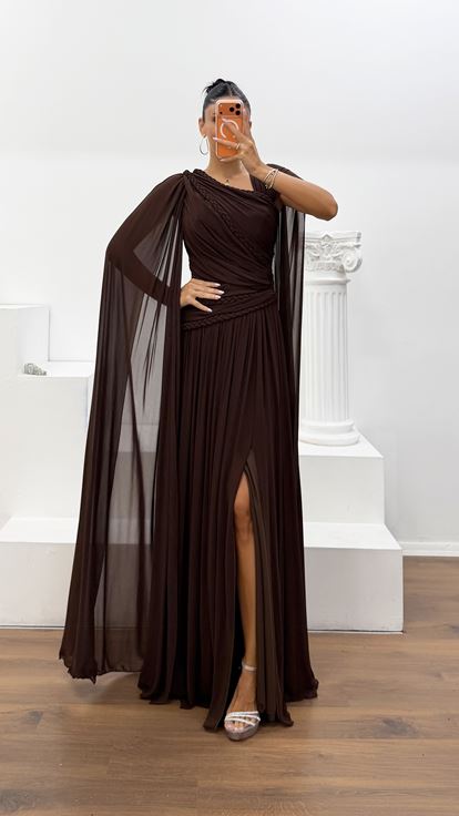 Abito da Sera Marrone Monospalla con Fodera in Chiffon