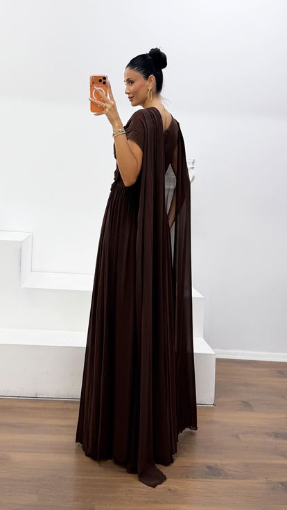 Abito da Sera Marrone Monospalla con Fodera in Chiffon