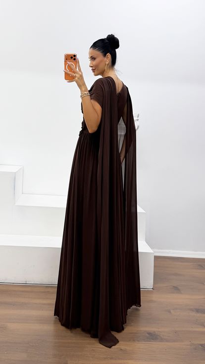 Abito da Sera Marrone Monospalla con Fodera in Chiffon
