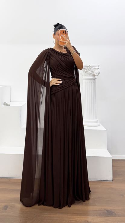 Abito da Sera Marrone Monospalla con Fodera in Chiffon