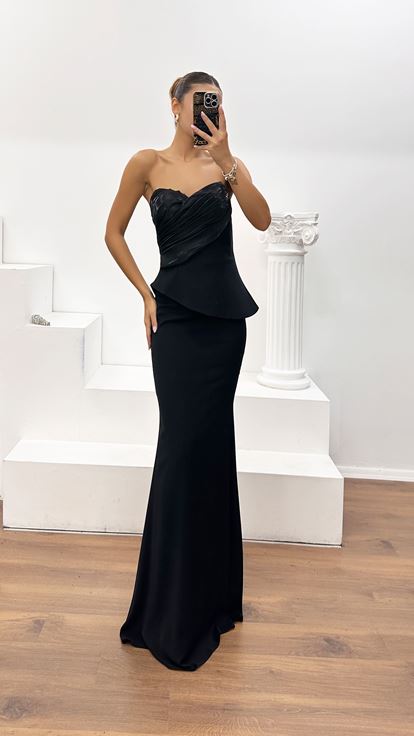 Siyah Krep Saten Straplez Peplum Detaylı Abiye Elbise