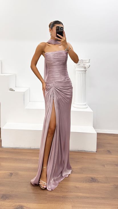 Lila Dior Organze Straplez Yırtmaçlı Abiye Elbise