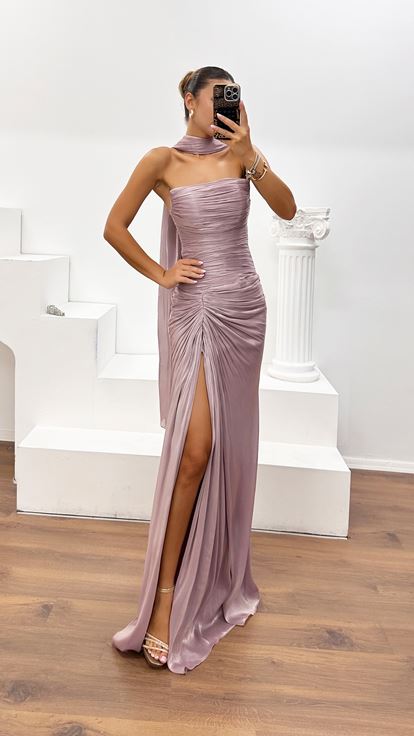 Lila Dior Organze Straplez Yırtmaçlı Abiye Elbise