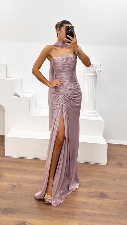 Lila Dior Organze Straplez Yırtmaçlı Abiye Elbise