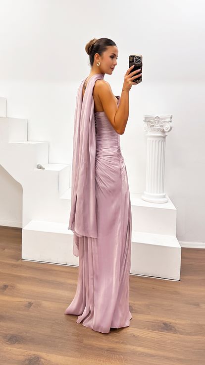 Lila Dior Organze Straplez Yırtmaçlı Abiye Elbise