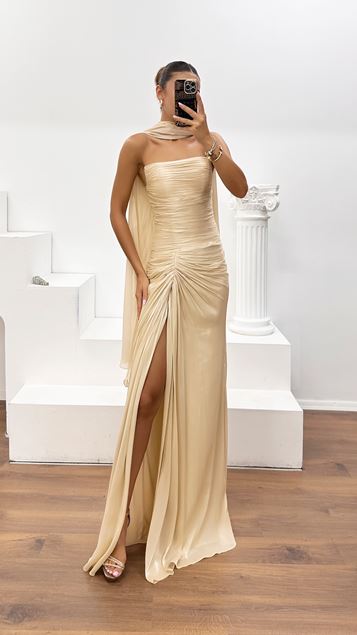 Bej Straplez Büzgü Detaylı Yırtmaçlı Dior Organze Abiye Elbise