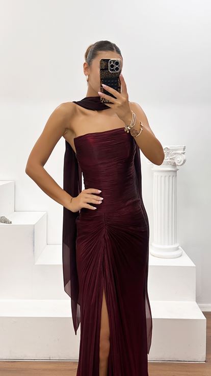Bordo Dior Organze Yırtmaçlı Drape Detaylı Abiye Elbise