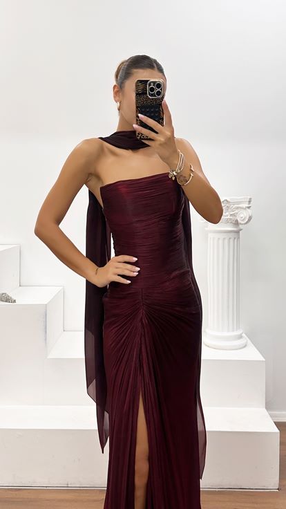 Bordo Dior Organze Yırtmaçlı Drape Detaylı Abiye Elbise