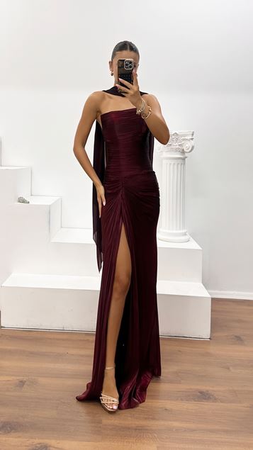 Bordo Dior Organze Yırtmaçlı Drape Detaylı Abiye Elbise
