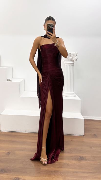 Bordo Dior Organze Yırtmaçlı Drape Detaylı Abiye Elbise